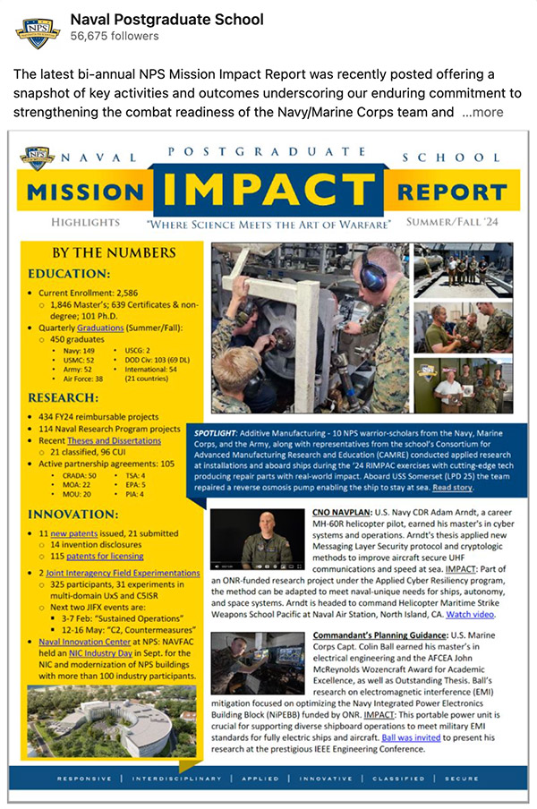 The latest bi-annual NPS Mission Impact Report was recently posted